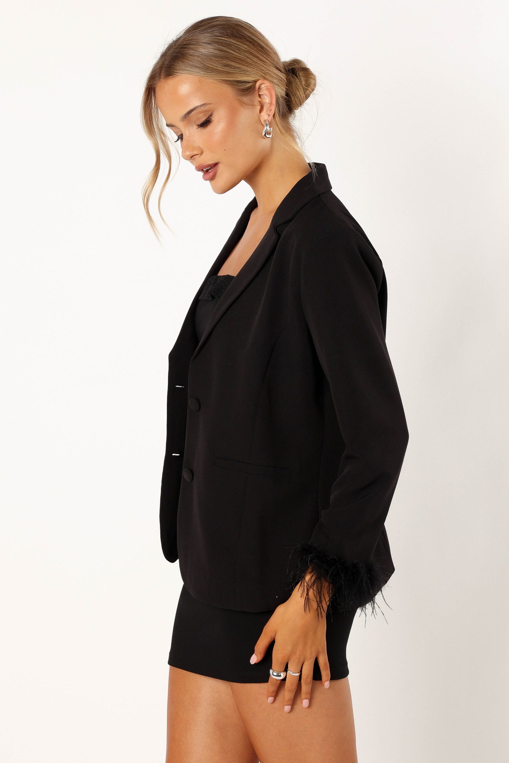 Rosemary Faux Feather Sleeve Blazer - Black - Image 2