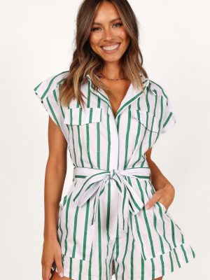 Addie Tie Waist Romper - White/Green