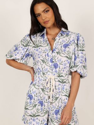 Annie Linen Romper - Blue Floral