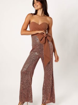 Jacquelin Bow Waist Sequin Jumpsuit - Tan