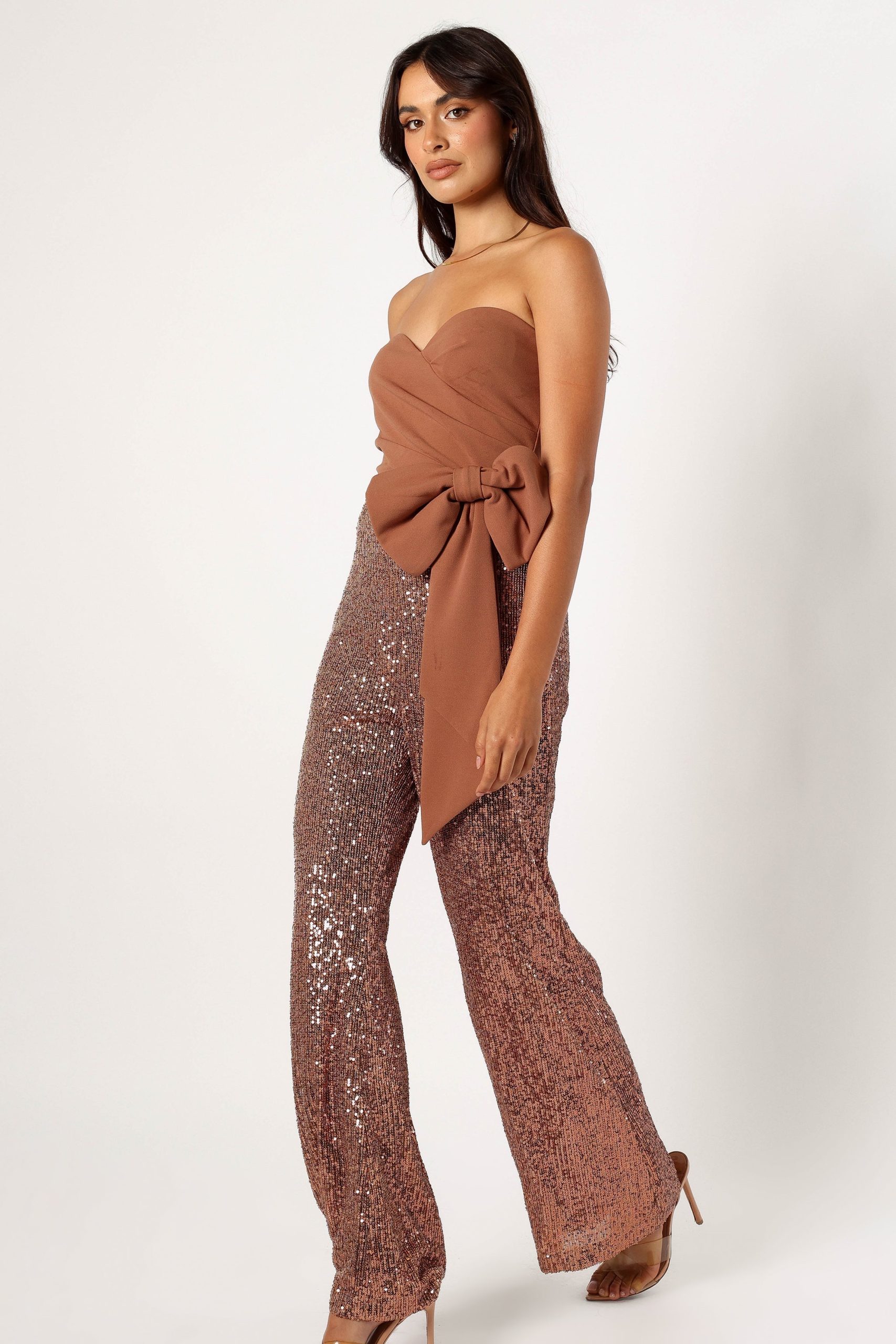 Jacquelin Bow Waist Sequin Jumpsuit - Tan - Image 2