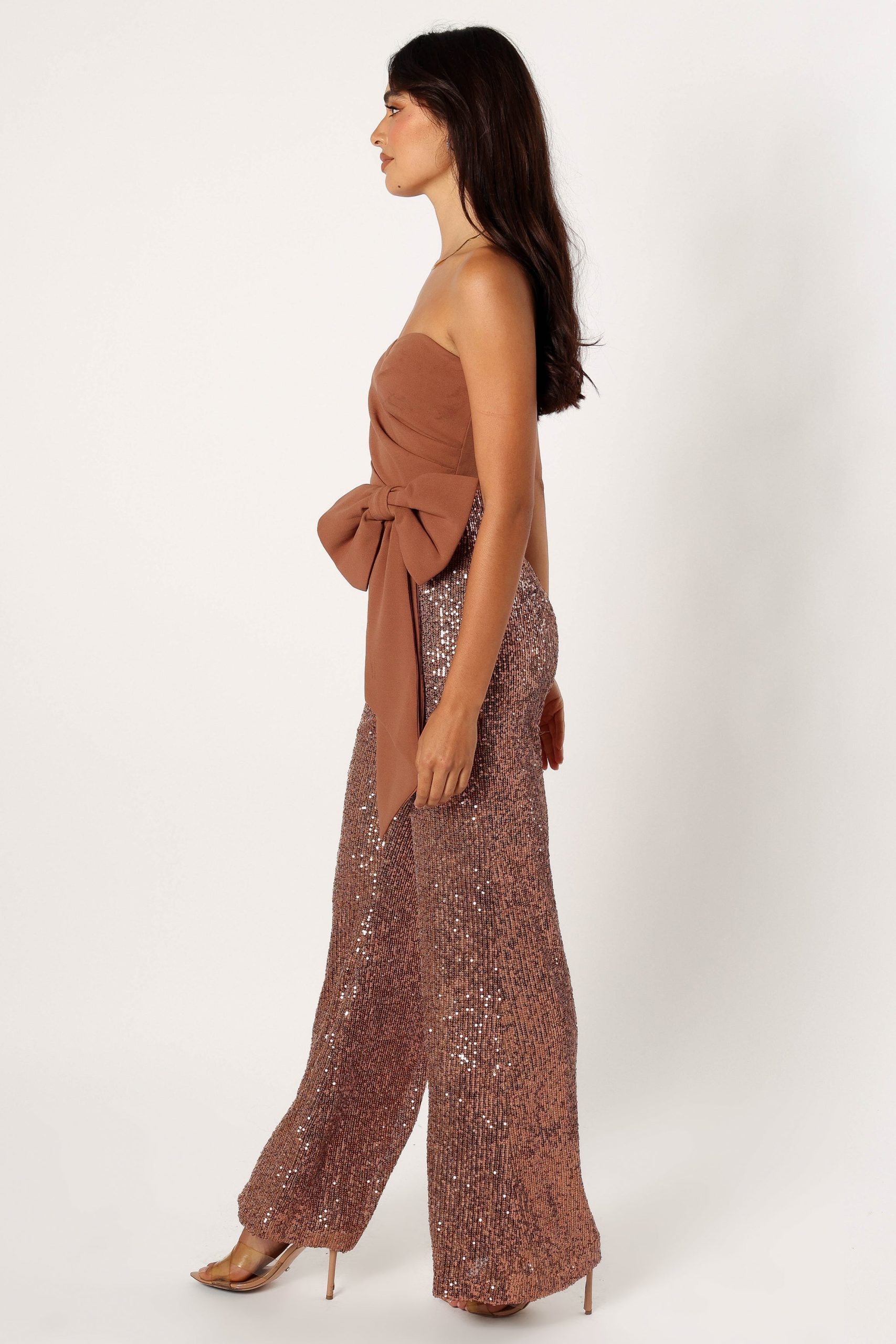 Jacquelin Bow Waist Sequin Jumpsuit - Tan - Image 3