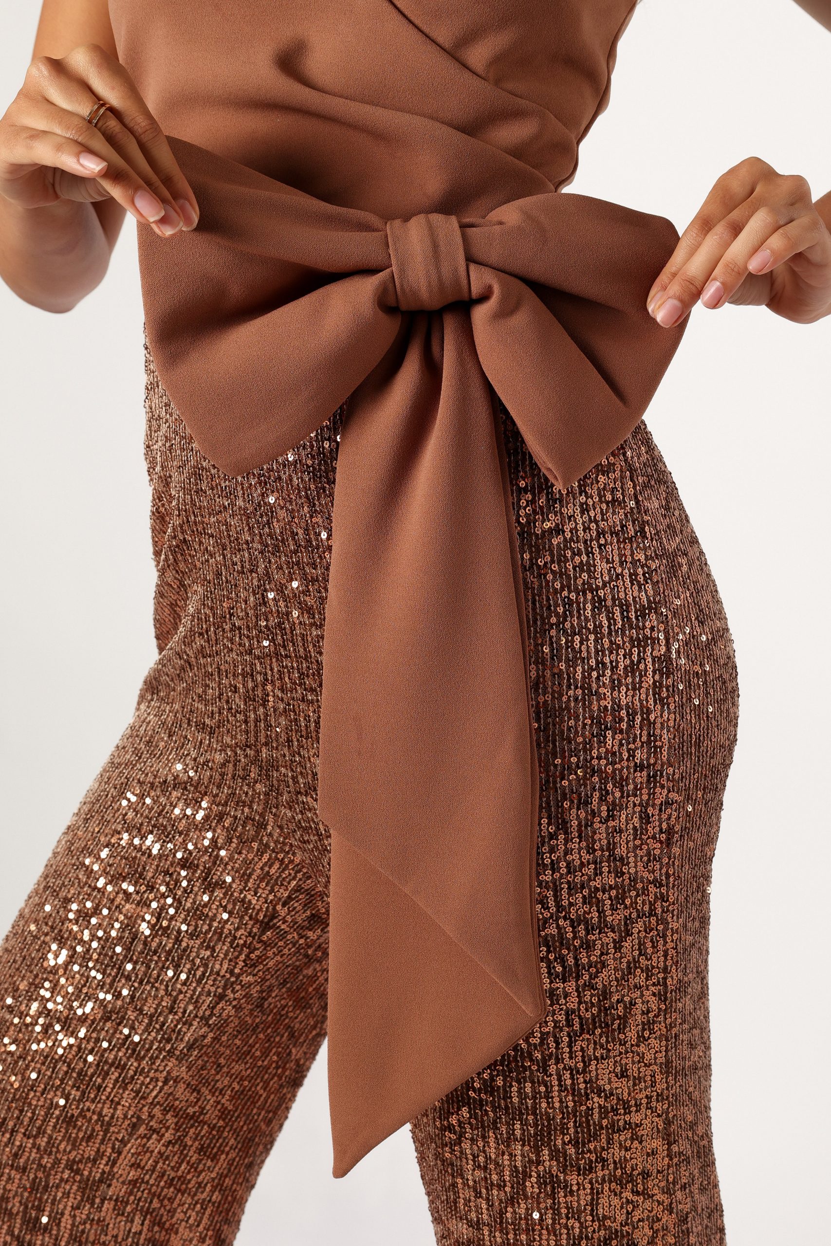 Jacquelin Bow Waist Sequin Jumpsuit - Tan - Image 6