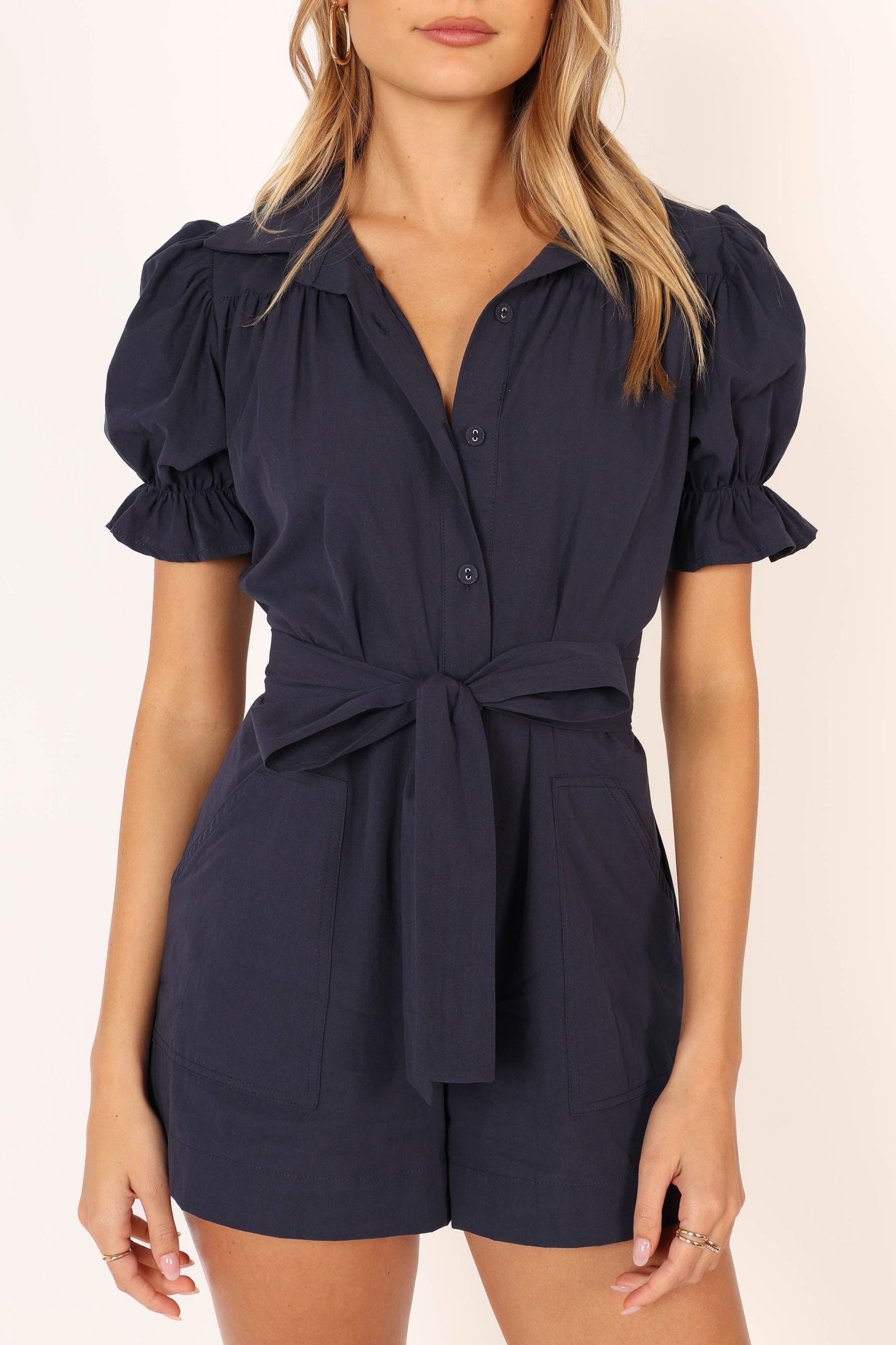 Riley Waist Tie Romper - Navy - Image 2