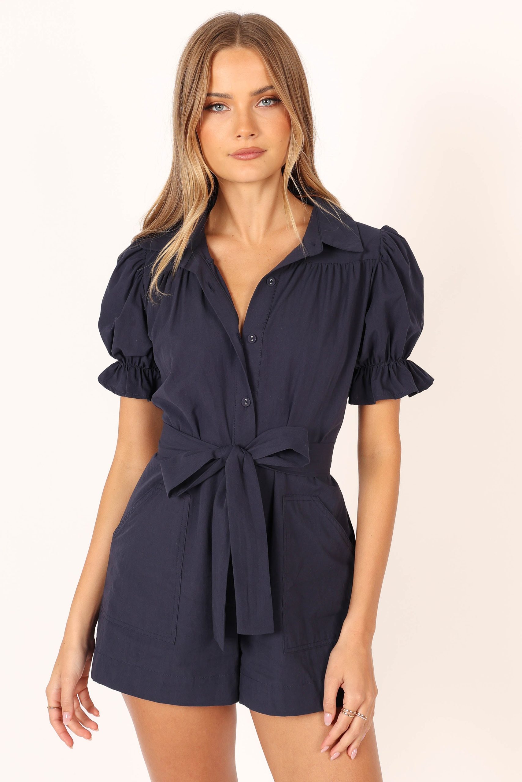 Riley Waist Tie Romper - Navy - Image 4